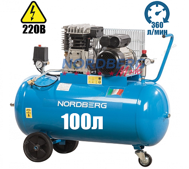 nordberg nc100/360 компрессор поршневой ременной 100 л 220в
